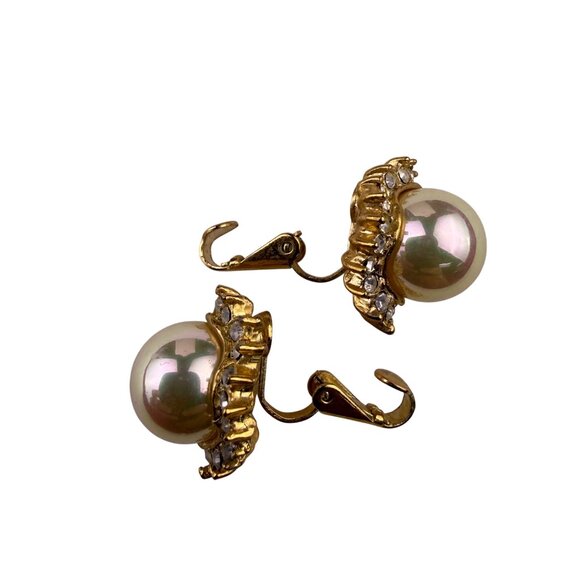 Vintage Roman Faux Pearl & Rhinestone Gold Tone Necklace & Clip-On Earrings Set - Picture 6 of 9